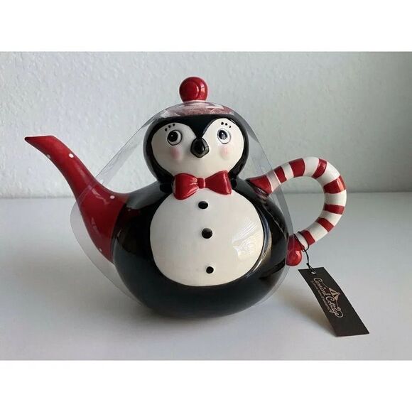 Johanna Parker Carnival Cottage Ceramic PENGUIN Christmas TEAPOT Candy Cane NEW - Picture 1 of 7